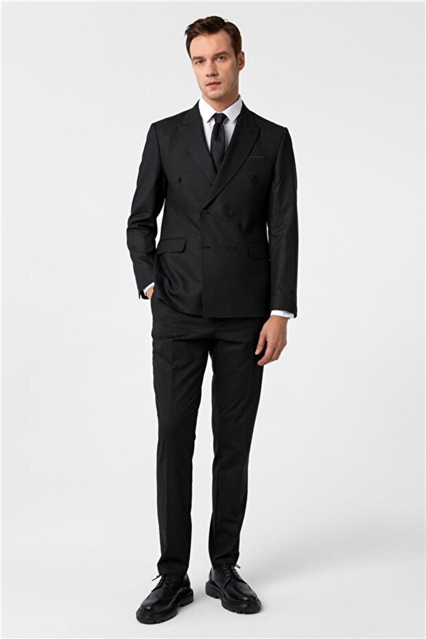 Black Slim Pointed Collar Side Pocket 6 Drop Suit