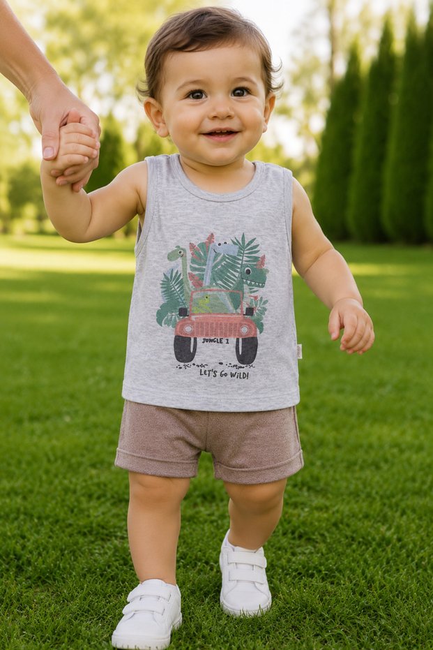 0-18 Months Baby Boy Kids Dinosaur Print Tank Top Shorts Summer 2-Piece Set Brown 3562