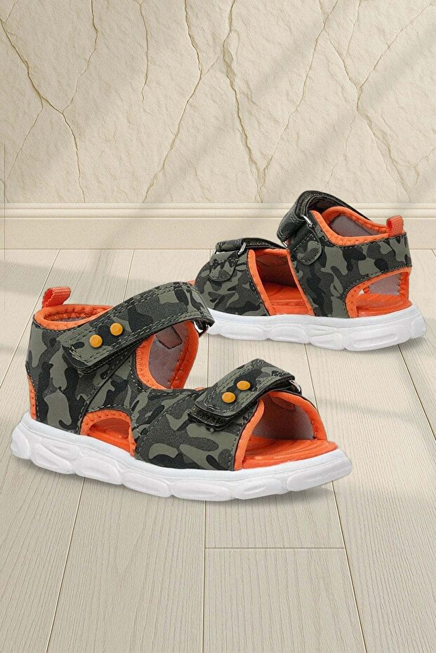 Khaki Camouflage Patterned Metal Detailed Velcro Baby Sandals Shoes