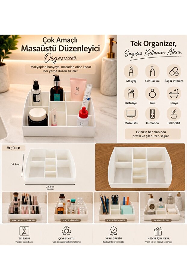 Multi-Purpose Organizer | Makeup, Cream, Medicine, Jewelry, Stationery, and Bathroom Organizer | 9-Compartment Desktop Organizer | 3D Printing