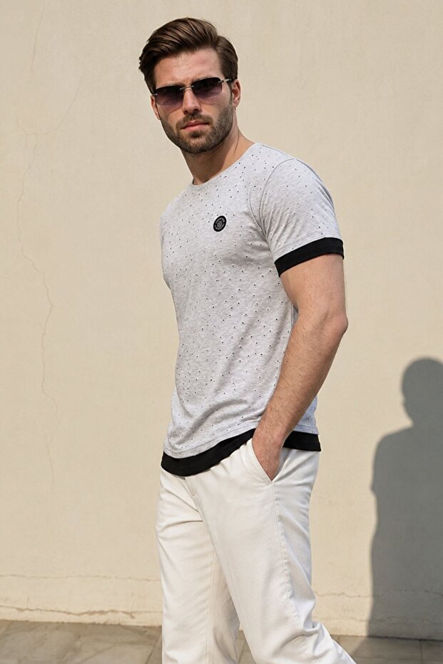 Gray Ripped Detailed Men's T-Shirt 4489