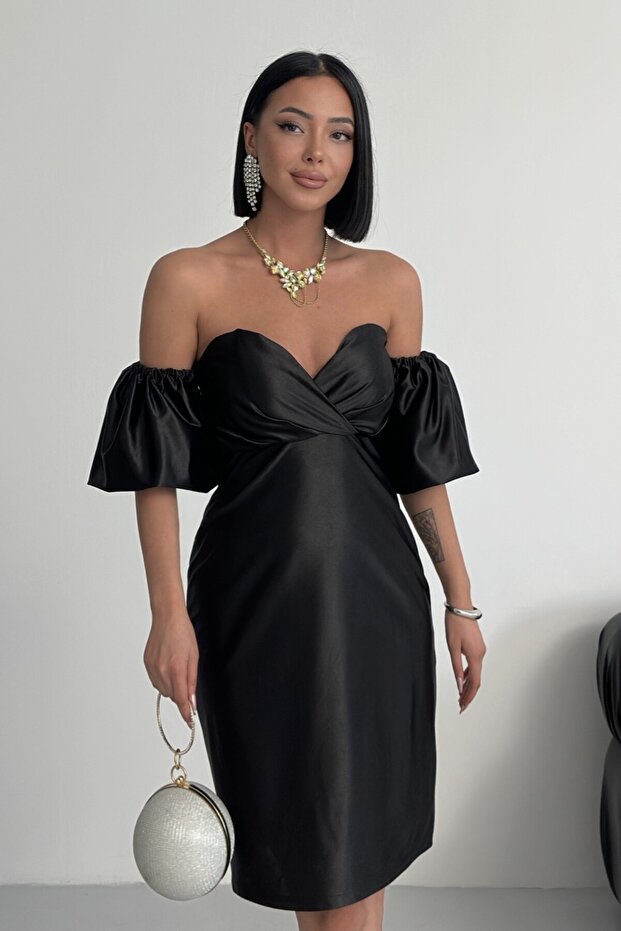 Bandeau Balon Sleeve Bodycon Mini Black Evening Dress