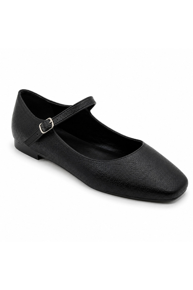 Women's Black Comfortable Ballet Flats with Black Straps and Belt