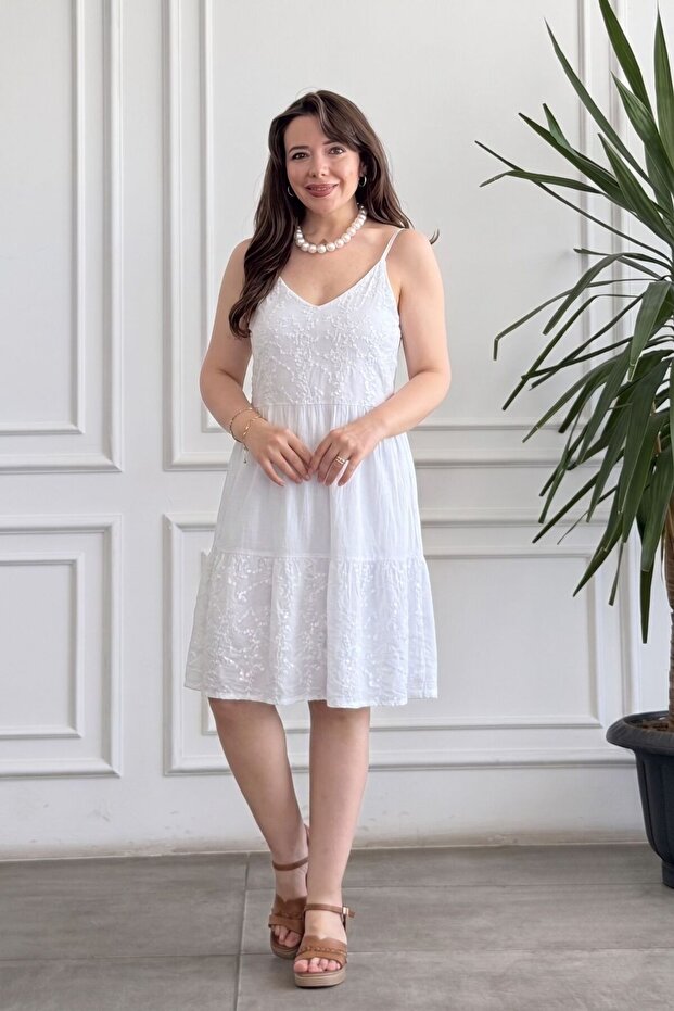 Embroidered Sequin Detailed Rope Strap Dress