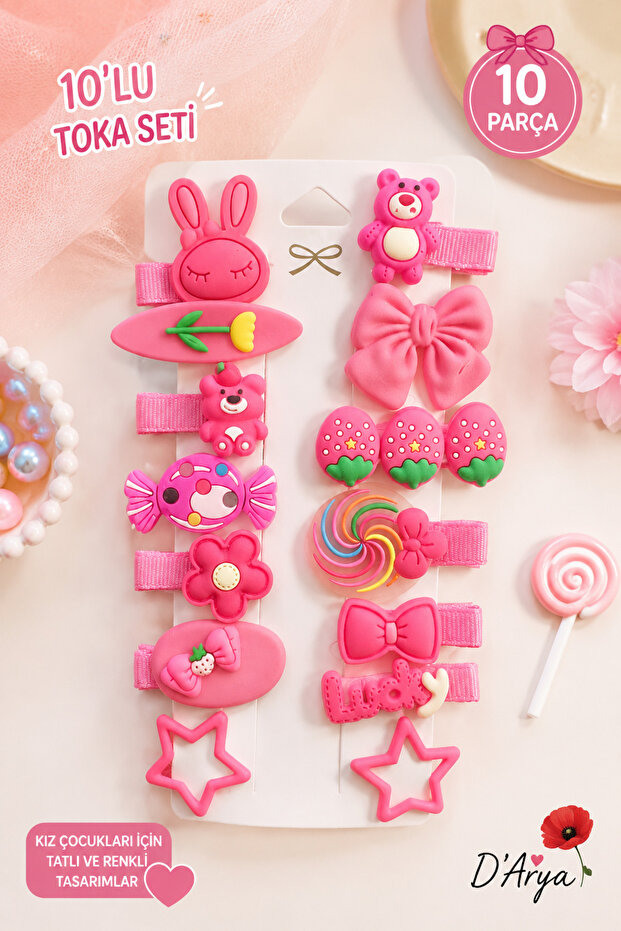 D’Arya Pink Themed 14-Piece Baby and Girls Hair Clip Set – Snap Clips Rubber Clips Dd170