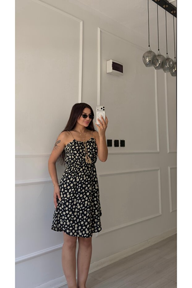 Daisy Patterned Short Viscose Dress-Midi Length Patterned Lace-Up Elegant