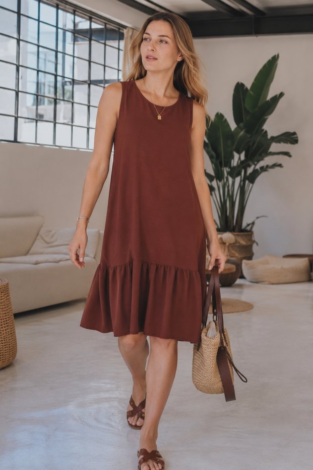 Women's Brown Sleeveless Skirt Ruffled DRESS ARM-18Y001156