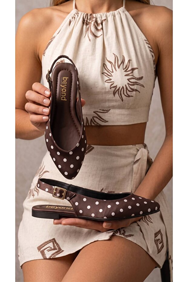 Women's Brown Polka Dot Open Back Satin Buckle Ballerinas 1cm Byndmtf03