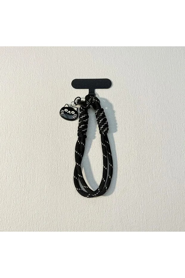 Black-cat Universal Braided Mobile Phone Lanyard Strap Cartoon Cat Hanging Chain Ring Cord with Patc