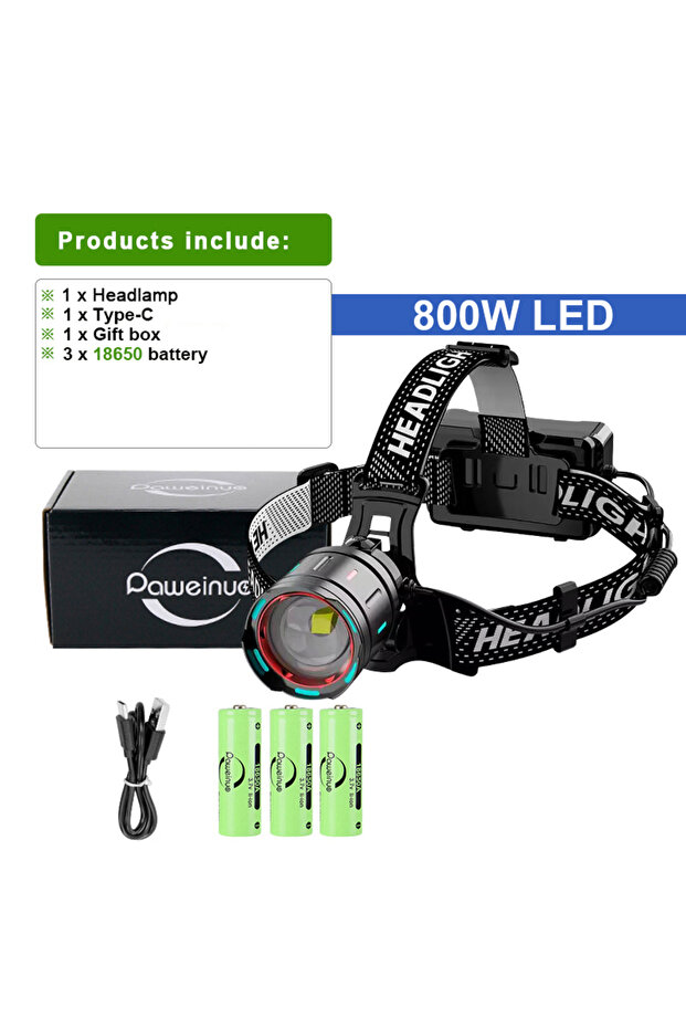 مصباح أمامي قوي 800 وات LED-A 1000000 لومن مصباح أمامي بمستشعر LED 800 وات مصباح أمامي طويل المدى 18650 Re