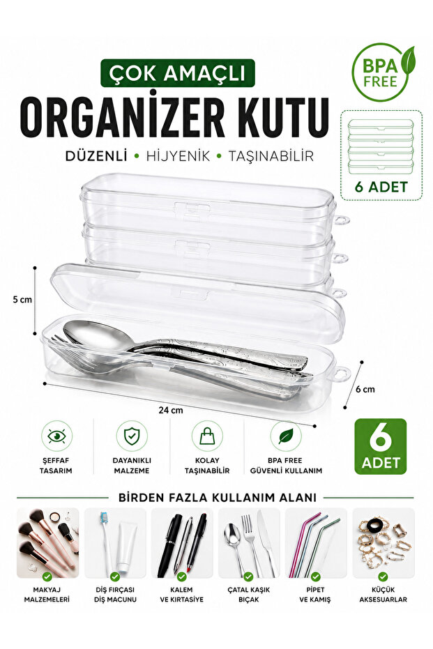 Multi-Purpose Organizer Box | Fork Spoon Knife Storage Box | Travel and Picnic Carrying Box | Toothbrush Box | Bpa Free Transparent Storage Container | 6 Pieces