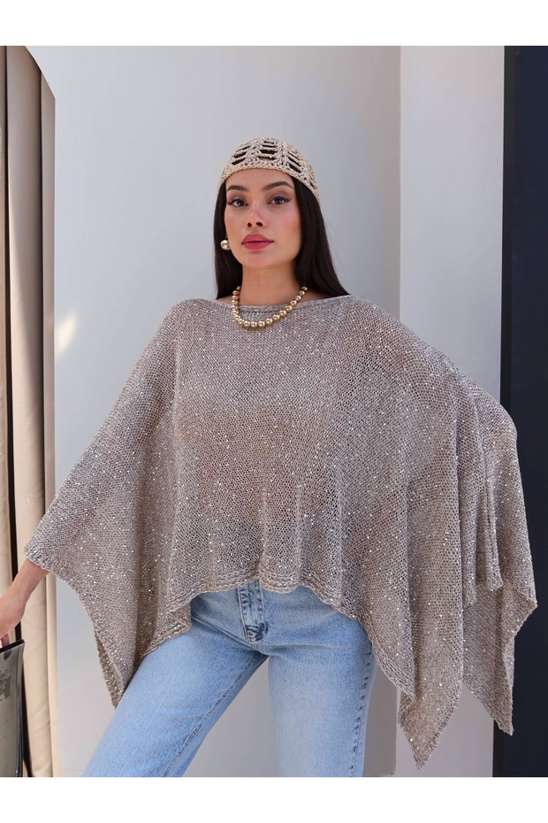 Asymmetrical Cut Sparkling Poncho Blouse
