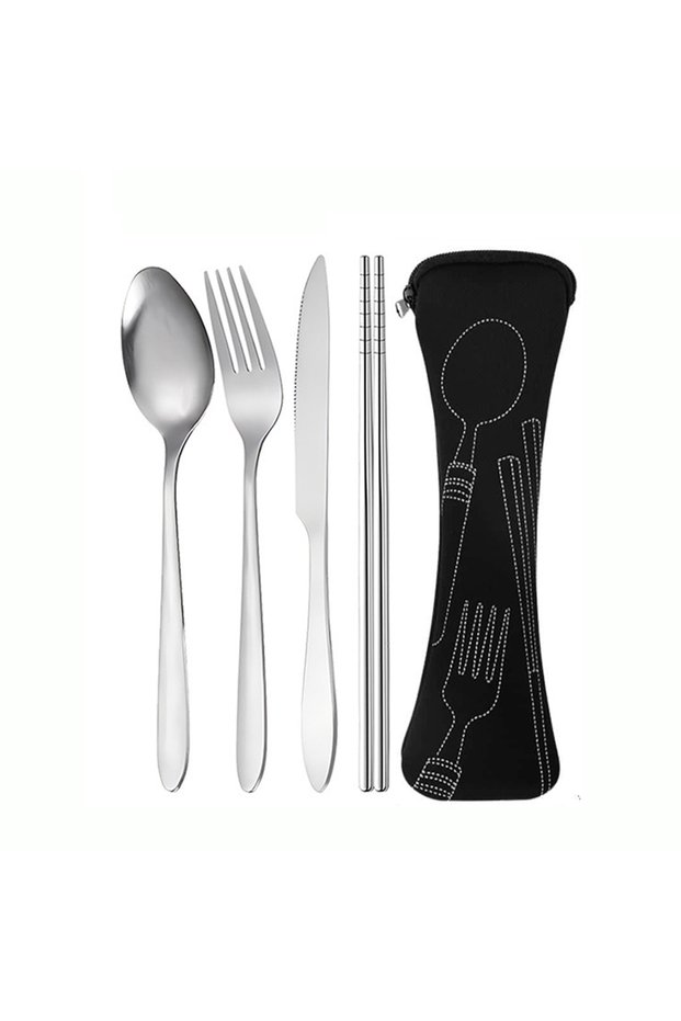 4pcs black 4pcs Portable Stainless Steel Cutlery Set, Knife, Fork, Spoon and Chopsticks Suitable for