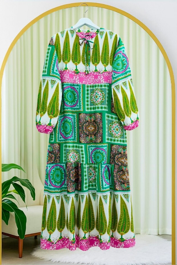 Ethnic Pattern Lace Up Elastic Sleeve Dress