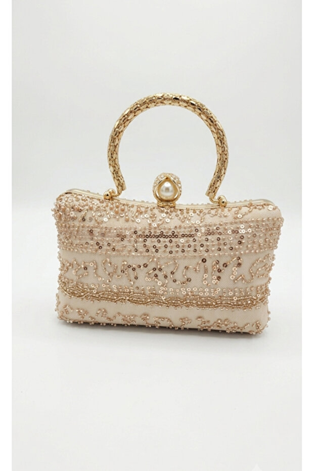 Cream Color Plain Pearl Chain Evening Dress Clutch Bag 14X23 cm