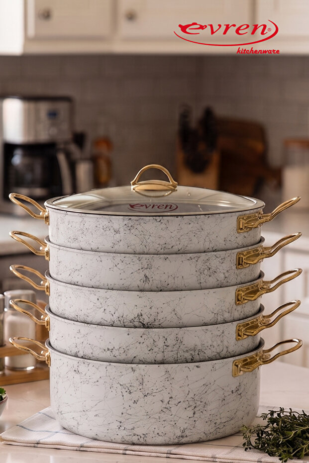 6 Piece 30 cm White Spider(White) Granite Crushed Series Steamer, Ravioli Pot Set 7.5 Lt