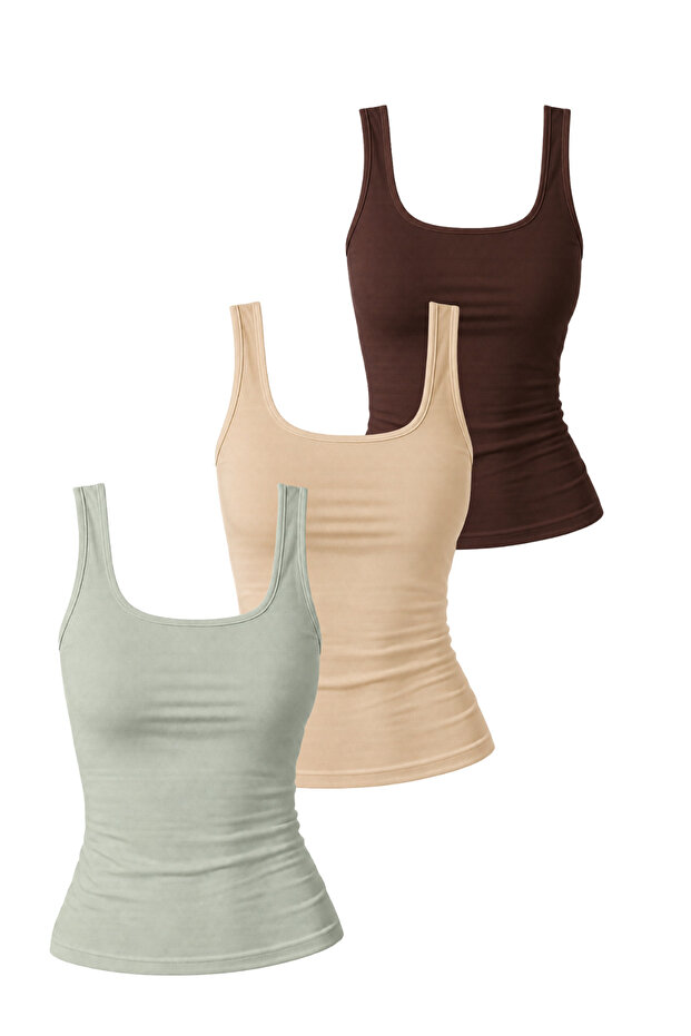 Women's Thick Strap 95% Cotton Lycra Crop Blouse (50 cm) Tank Top - Triple Set (Brown, Mustard, Stone Color)