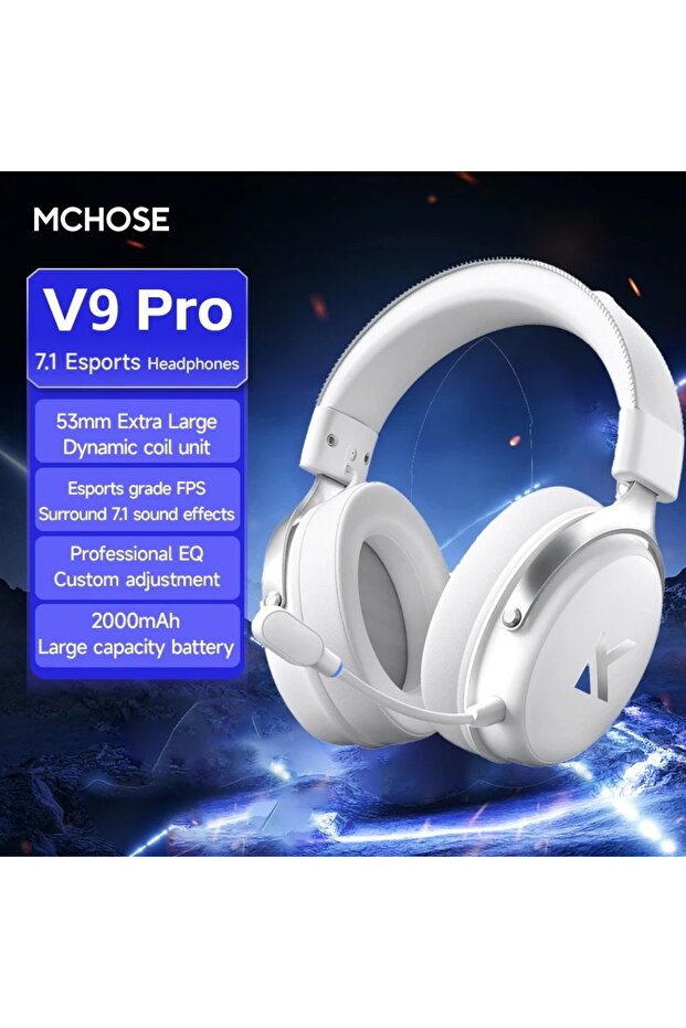 سماعة رأس إلكترونية رياضية بيضاء V9Pro MCHOSE V9 Pro بثلاثة أوضاع للألعاب، لاسلكية USB مع صوت محيطي 7.1 قناة