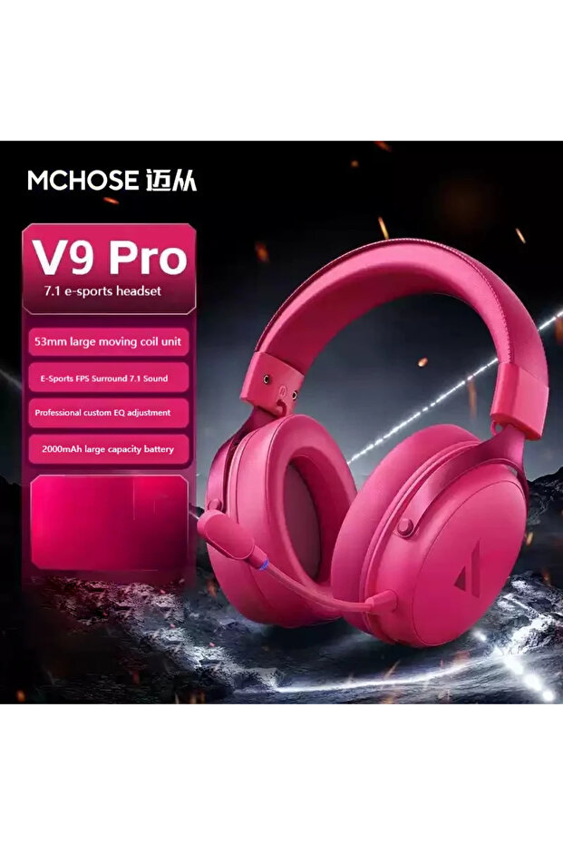 سماعة رأس لاسلكية V9 Pro حمراء من MCHOSE مع ميكروفون ثلاثي الأوضاع لتقليل الضوضاء وصوت ديناميكي
