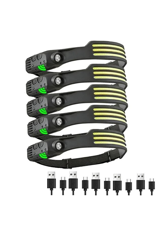 5 قطع من مصابيح الرأس القوية COB LED التعريفي المدمجة مع بطارية قابلة لإعادة الشحن عبر USB مصباح يدوي خارجي C
