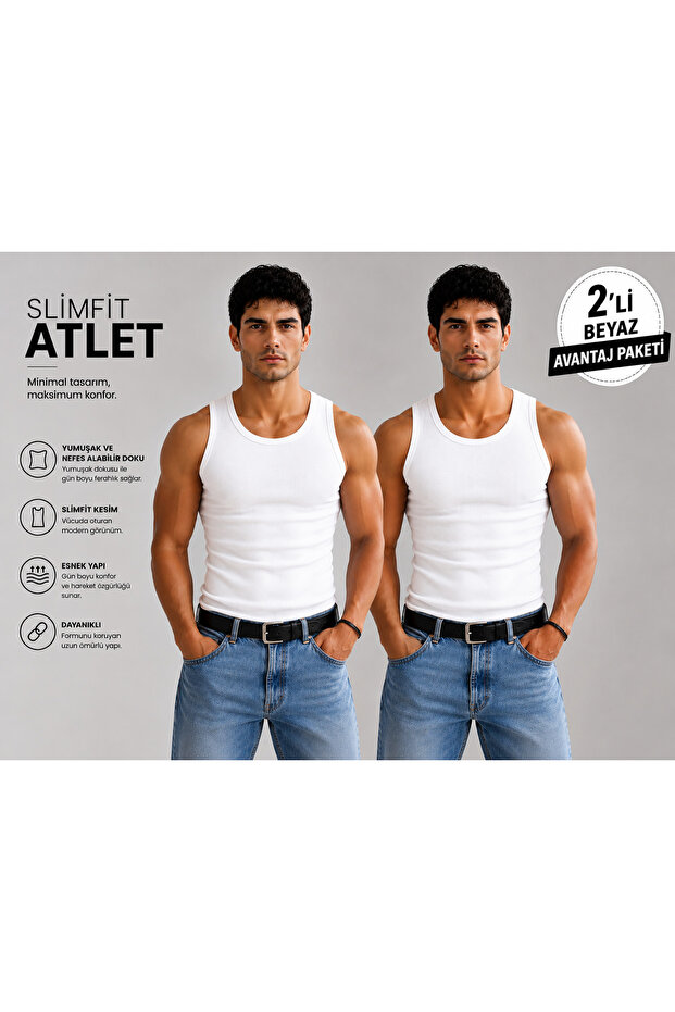 Slimfit Halter Neck Ribbed Men's Sports Athlete Undershirt Flexible Fabric Structure 2 Pieces White Color