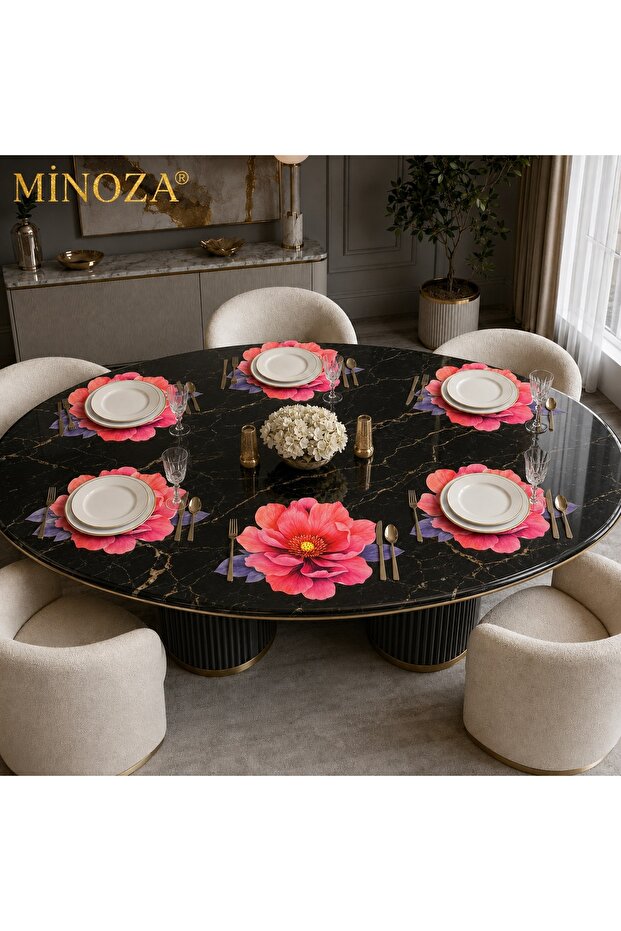 Peony Patterned Stain-Resistant Gardenia Fabric Digital Printing Laser Cut American Serving & Soup Plate 6 Pieces
