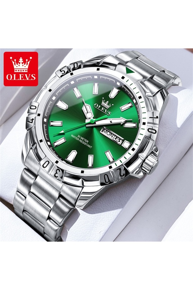 Sliver Green OLEVS 5560 Luxury Brand Men's Quartz Watches Calendar Week Waterproof Luminous Stainles