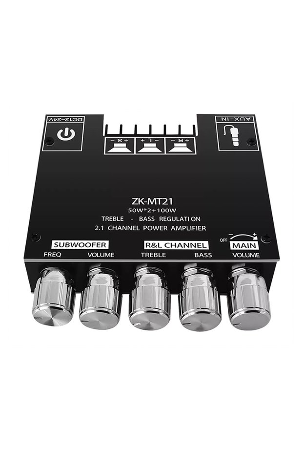 black Audio Amplifier Board 2.1 Channel 50W X 2 +100W Subwoofer Power Amp with BT5.0 and AUX Inputs
