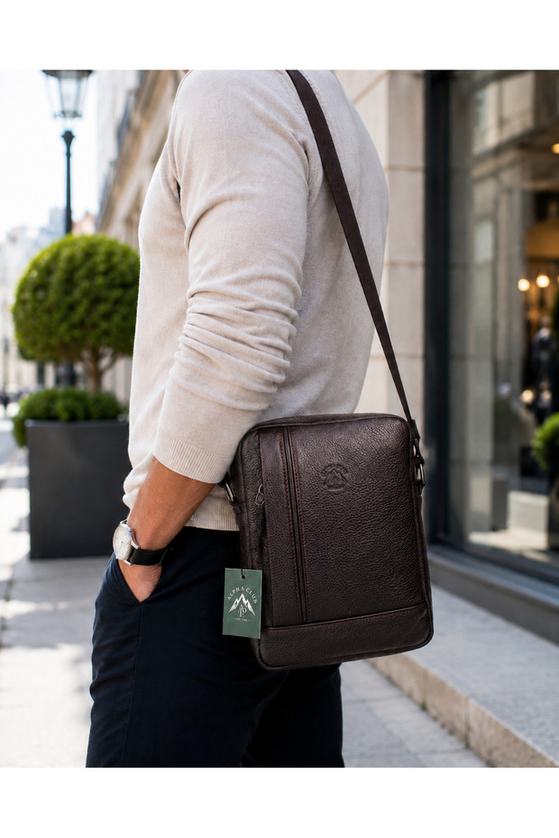 Men's Brown Multi-Compartment Genuine Leather Hand and Shoulder Bag Medium Size