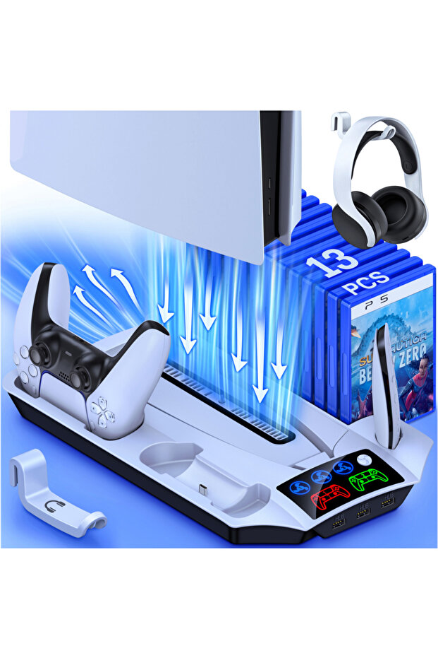 مروحة تبريد LED بثلاثة أوضاع من BEBONCOOL Q274 لجهاز PS5، مع حامل عمودي وقاعدة شحن لجهازين تحكم.