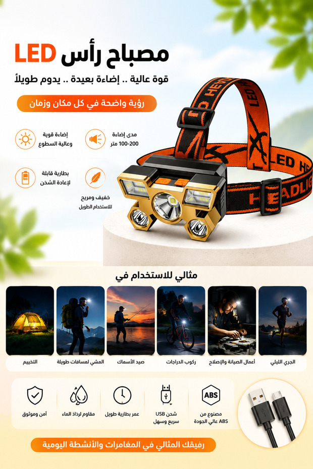 مصباح رأس LED خارجي قابل لإعادة الشحن مع مدى إضاءة من 100 إلى 200 متر