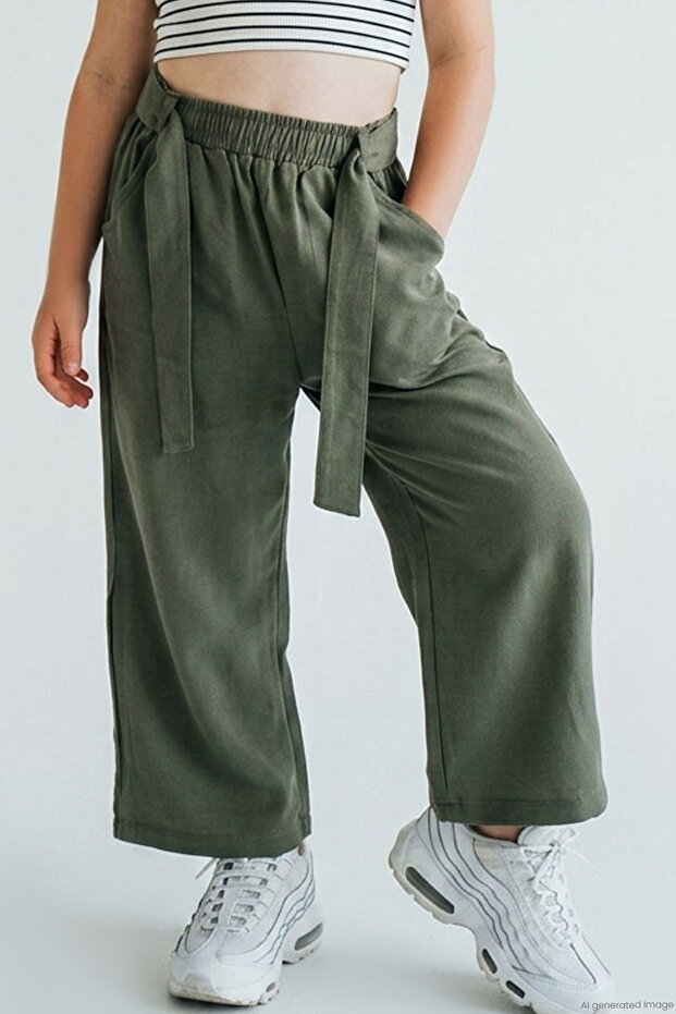 Girl's Pants with Tie Detail, Comfortable Cut, Pockets, Ages 4-8, Dark Khaki Green
