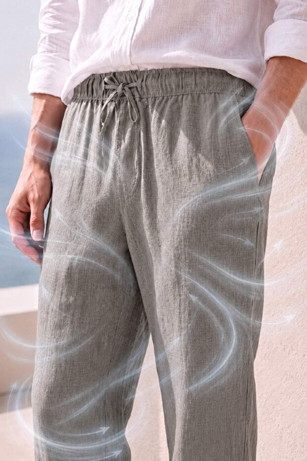 100% Linen Loose Fit Ankle Length Khaki Trousers G1397Ax26Sm