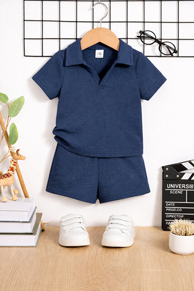 Baby Kids Cotton Waffle V-Neck Summer 2-Piece T-Shirt and Shorts Set - Navy Blue