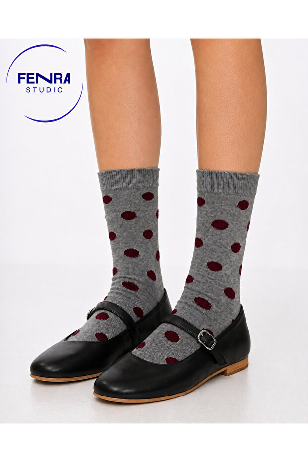 Burgundy Polka Dot and Spotted Gray Cotton Women's Socks