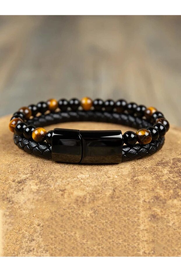 black 22cm ML-208-yellow Tiger's Eye Bracelet-Black Obsidian Strength Calming Healing Stone Men's Br