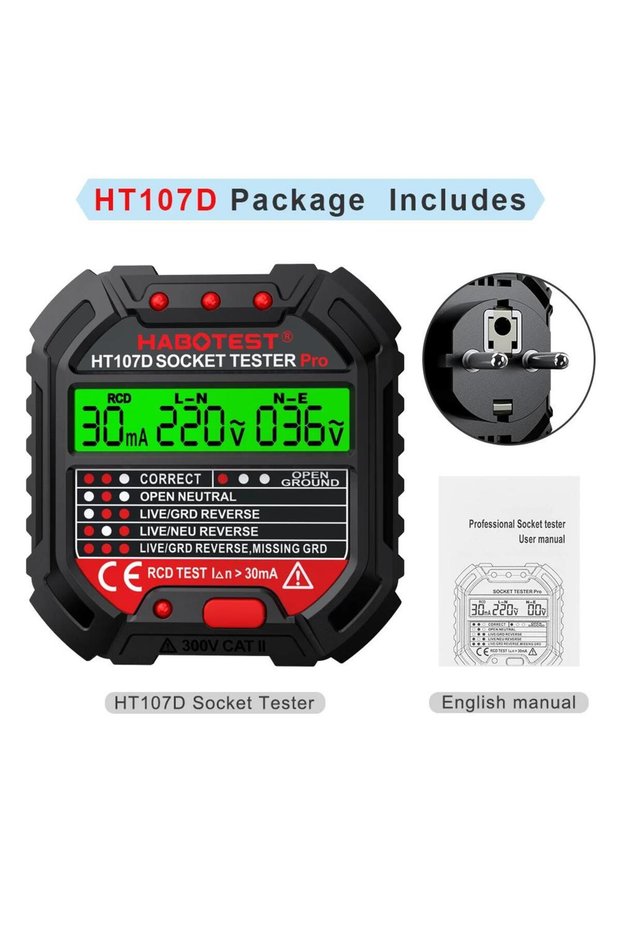جهاز اختبار الجهد الكهربائي HT107D EU Plug HABOTEST HT107 Pro Socket Tester كاشف المقبس EU Plug Ground Zero Lin