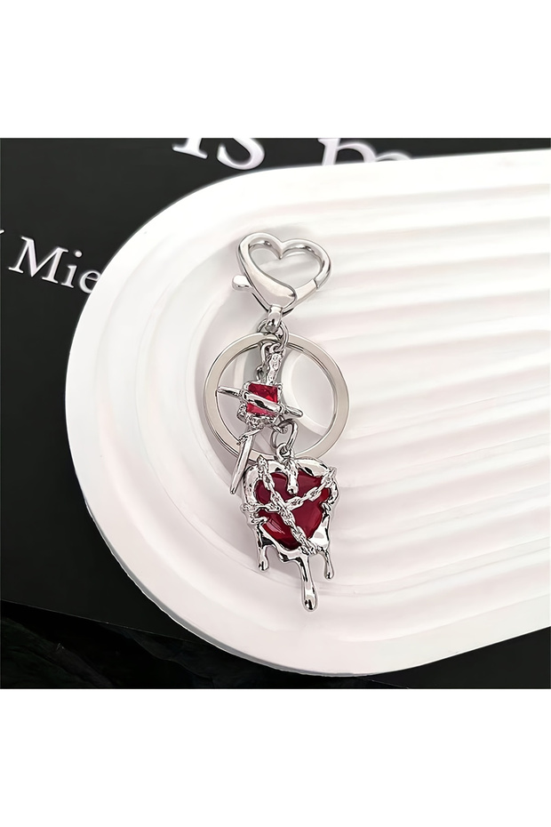 Red Y2K-Inspired Love Heart & Cross Keychain - Punk Style Alloy, Lobster Clasp, Perfect for Couples