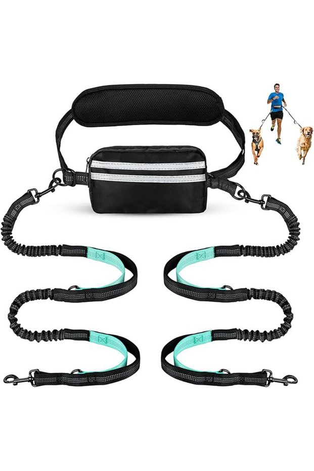 black Hands Free Dual Dog Leash with Pouch for Medium & Large Dogs - Crossbody & Waist Leash for Dog
