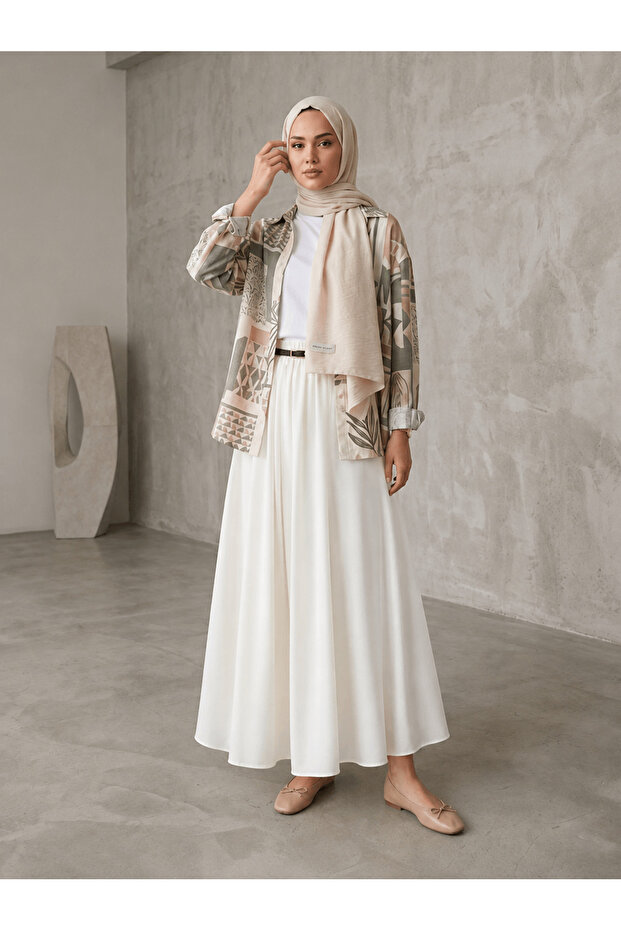 Lunsera Women's Dubai Fabric Maxi Skirt with Pockets and Elastic Long Skirt -White