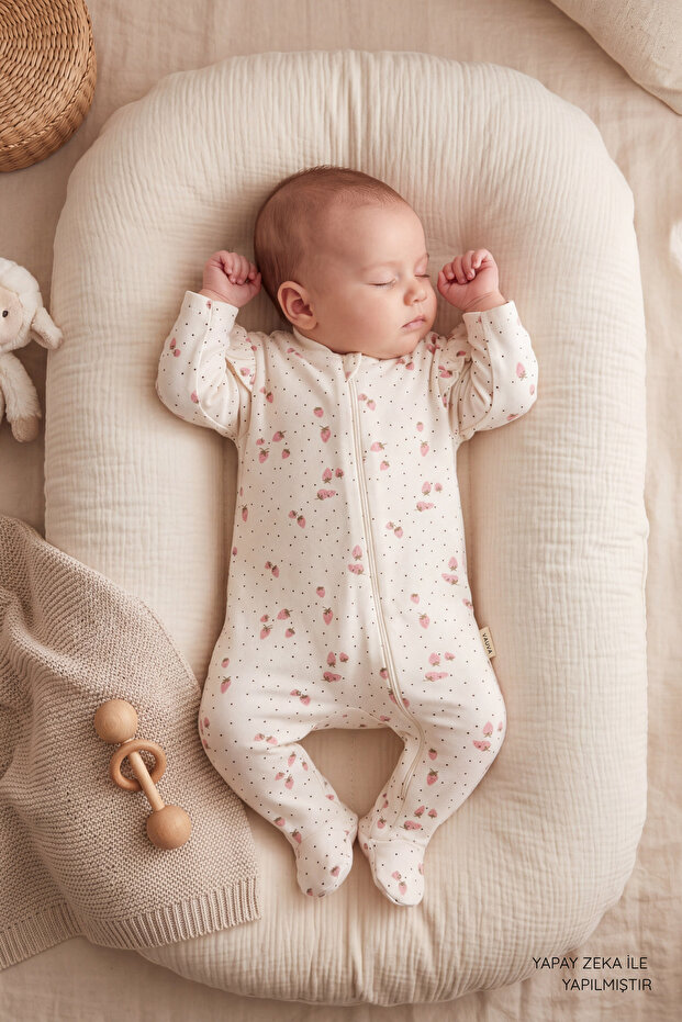 Baby Girl Strawberry Patterned Zippered Booties Jumpsuit 100% Cotton Long Sleeve 0-9 Months