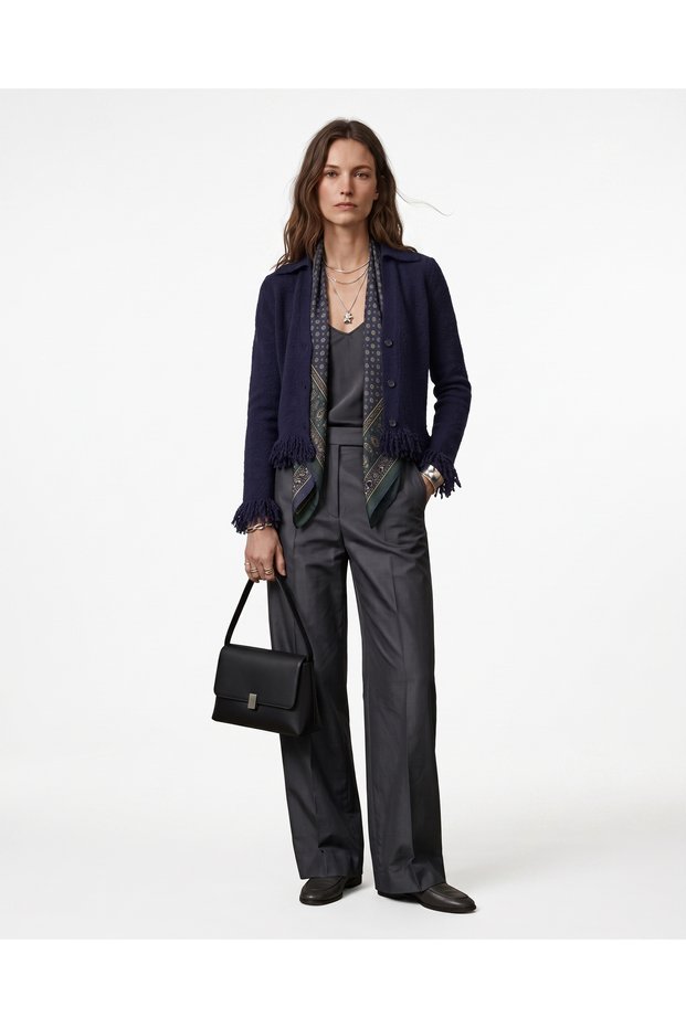 Women's Shirt Collar Soft Textured Button-Up Knit Cardigan with Tassels at Hem and Cuffs