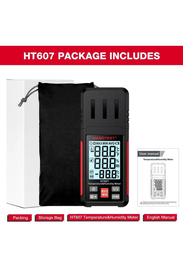 HT607 HABOTEST جهاز قياس درجة الحرارة والرطوبة الرقمي عالي الدقة HT607 مع Ambie