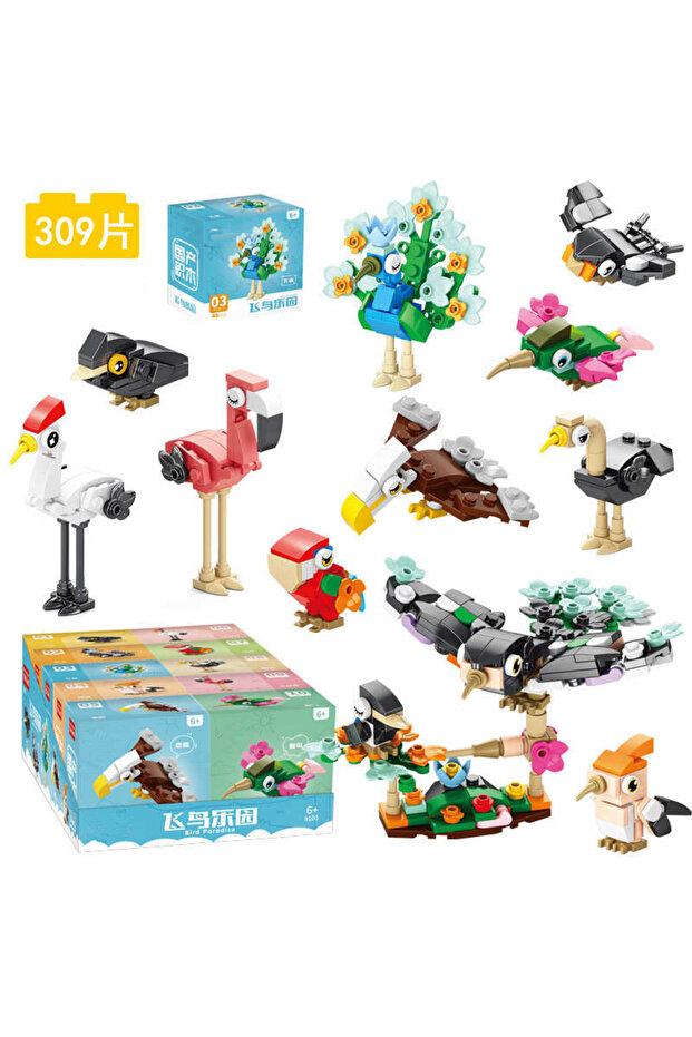S with Box 309pcs 10in1 Cute Animals Bird Paradise Crow Parrot Peacock Eagle Flamingo Building Block