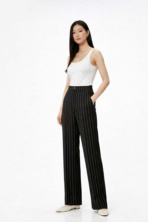 High Waist Slim Striped Classic Fabric Pants