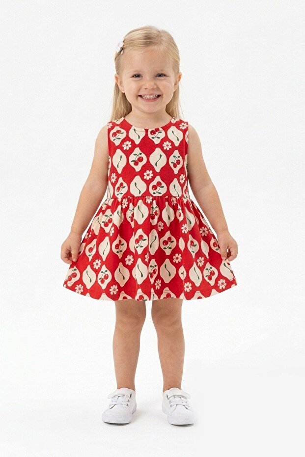 Girl's Cherry Patterned Red 100% Cotton Summer Dress