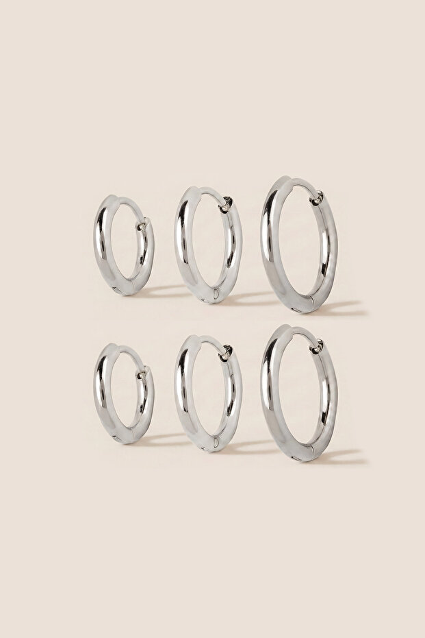 Silver Color Steel 8-10-12 mm 6-Piece Hoop Earrings 2 mm