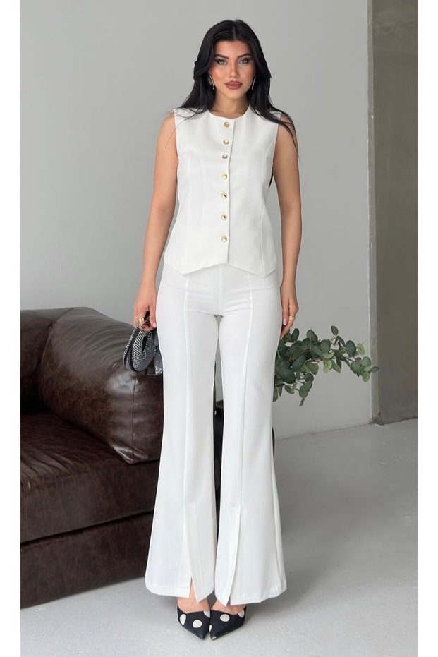 Women's Designer Vest with Slit Legs Suit White