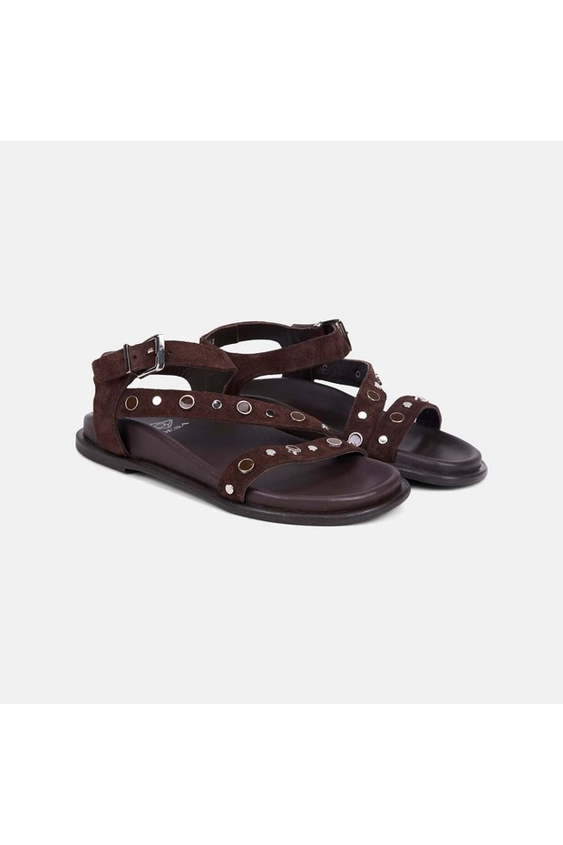 Women's Bitter Brown Suede Sandals with Metal Buckle and Staple Detail