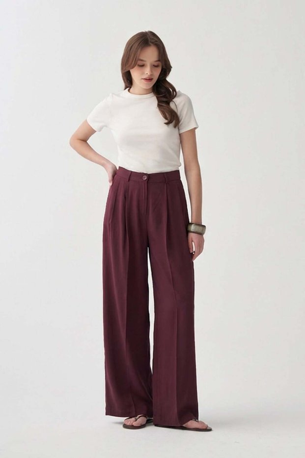 Plum-Iron Mark Detail Palazzo Trousers